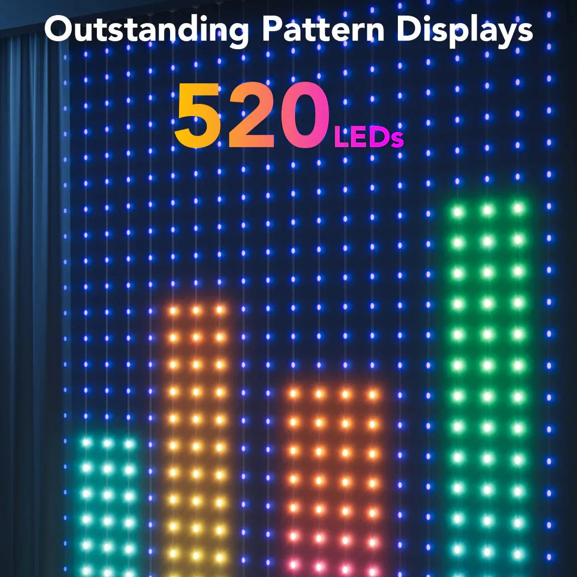 Smart LED Curtain Lights with Bluetooth, Music Sync, Custom Patterns & Text, RGB Colors