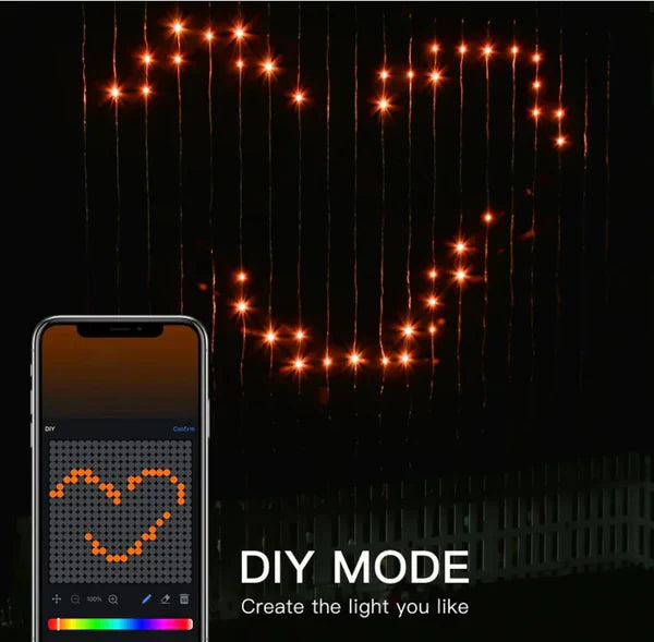 Smart LED Curtain Lights with Bluetooth, Music Sync, Custom Patterns & Text, RGB Colors