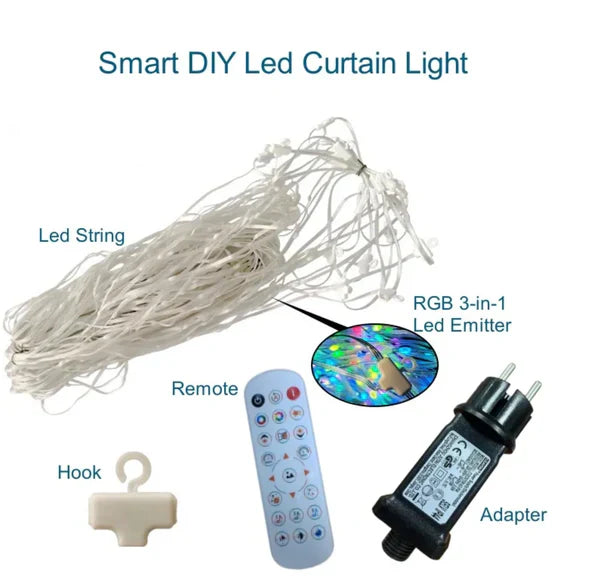 Smart LED Curtain Lights with Bluetooth, Music Sync, Custom Patterns & Text, RGB Colors