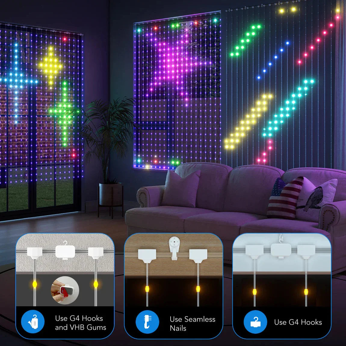 Smart LED Curtain Lights with Bluetooth, Music Sync, Custom Patterns & Text, RGB Colors