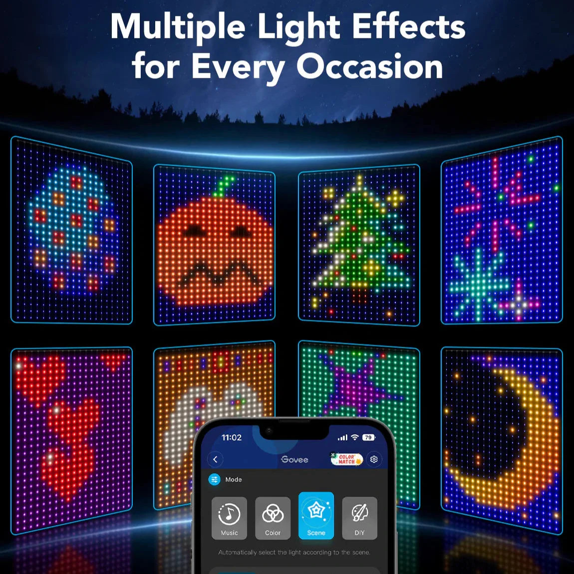 Smart LED Curtain Lights with Bluetooth, Music Sync, Custom Patterns & Text, RGB Colors