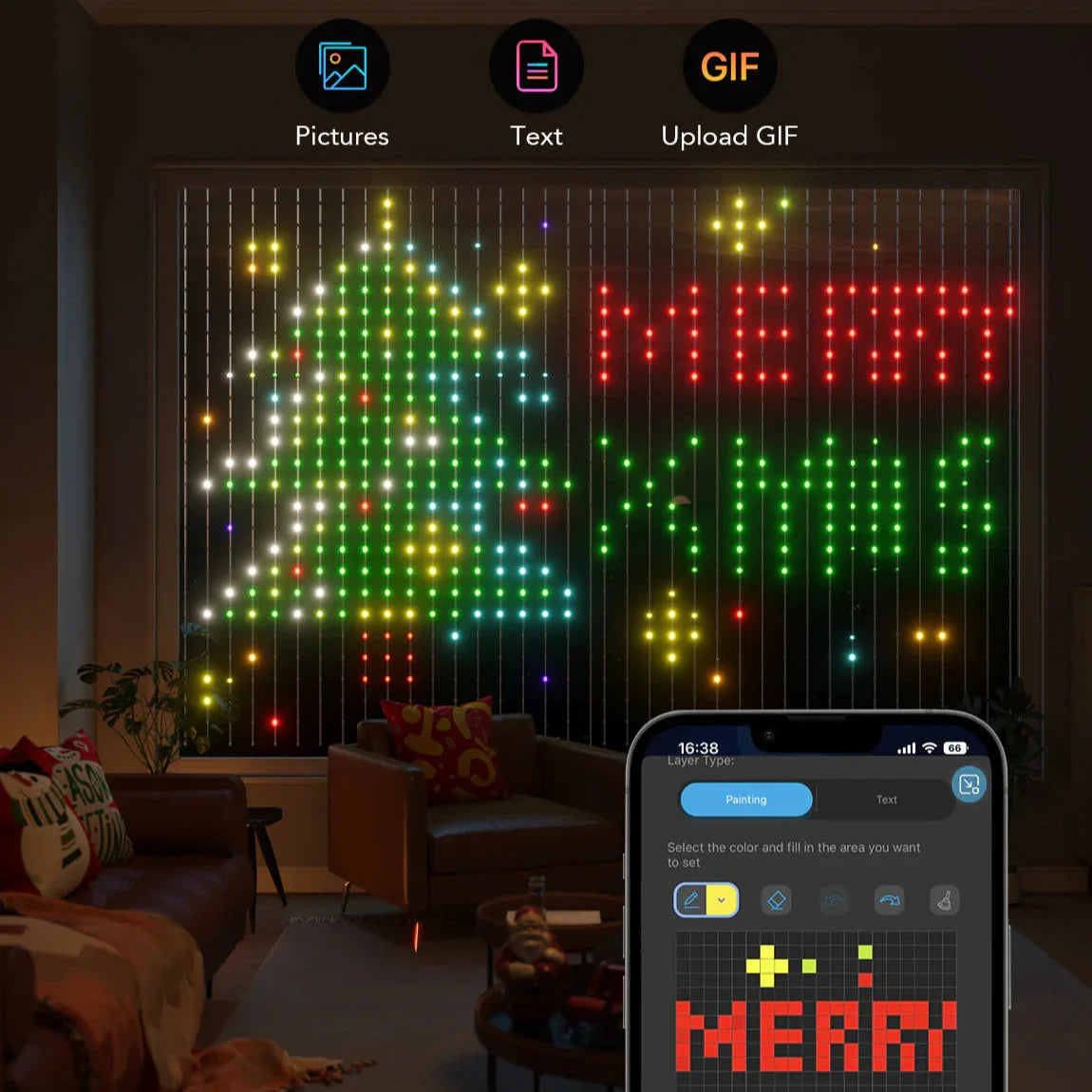 Smart LED Curtain Lights with Bluetooth, Music Sync, Custom Patterns & Text, RGB Colors