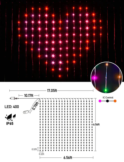 Smart LED Curtain Lights with Bluetooth, Music Sync, Custom Patterns & Text, RGB Colors