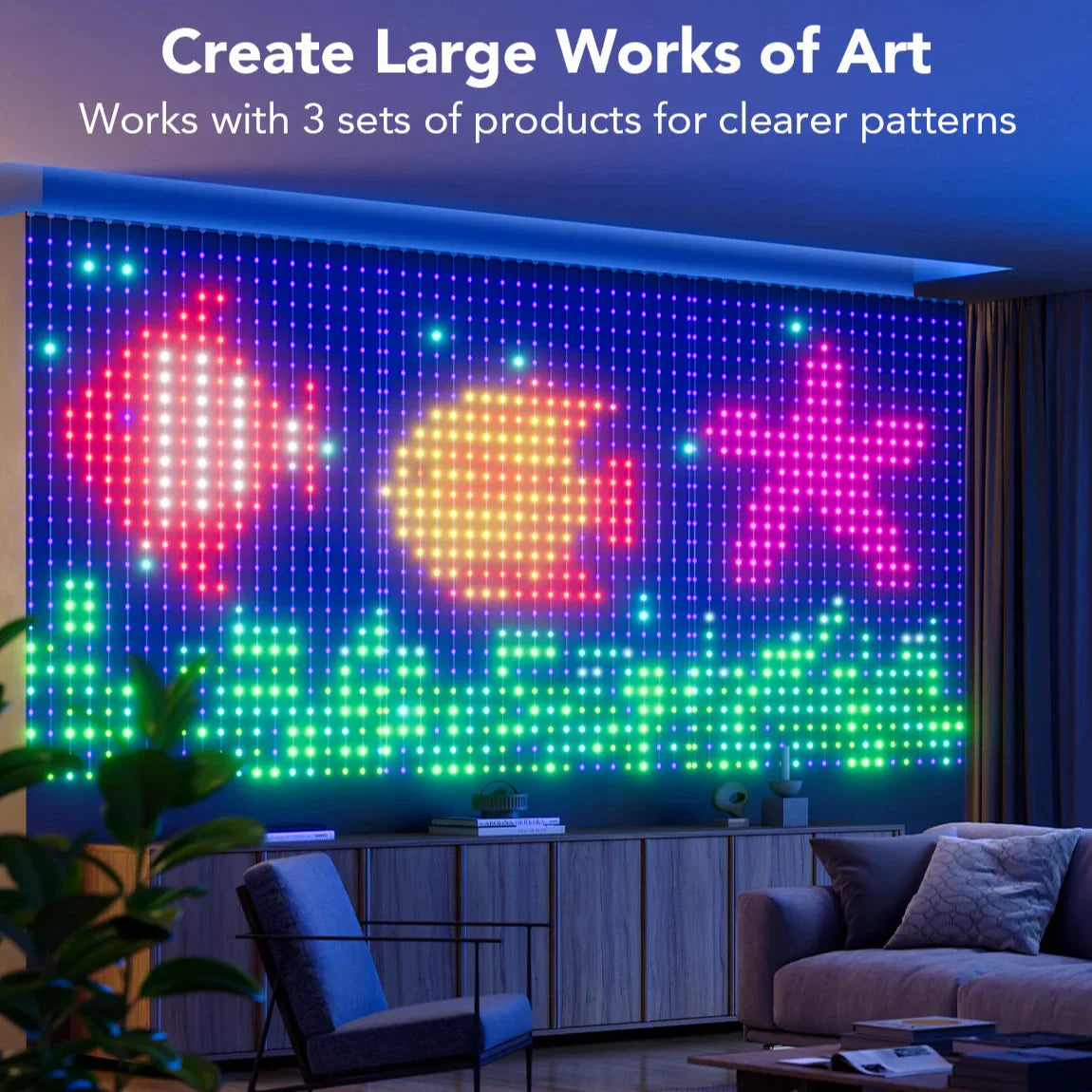 Smart LED Curtain Lights with Bluetooth, Music Sync, Custom Patterns & Text, RGB Colors